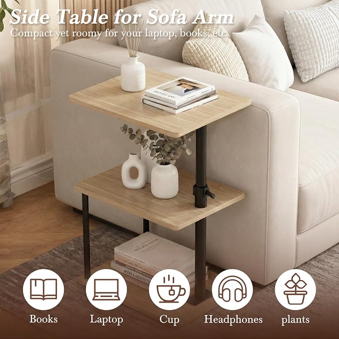 Faesun 360° Swivel Side Table for Height Adjustable, C Shaped End Table for Couch with Storage, 3-Tier Night Stand with Open Shelf, Tv Tray for Small Spaces, Living Room, Bedroom, Oak