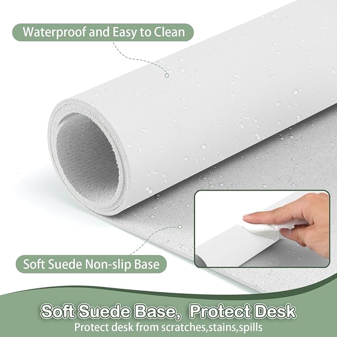 Boutilon Leather Desk Pad Protector,Non-Slip Mouse Pad,Laptop Desk Pad,Office Mouse Mat,Waterproof Leather Desk Blotter,Desk Writing Pad for Office and Home (S-White,24"x 14")