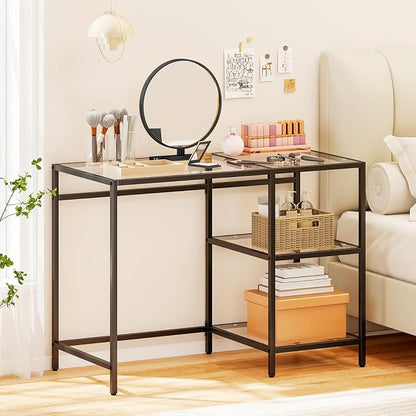 GOFLAME Computer Desk with Shelves, 42” Home Office Desk with Metal Frame, Tempered Glass Study Writing Table, Modern Simple PC Desk for Living Room Bedroom (Black)