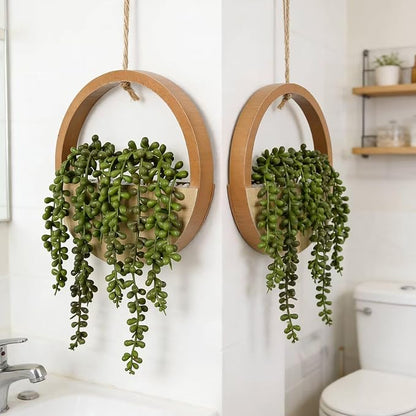 2 Pack Fake Plants Artificial Wall Hanging Plants, Boho Hanging Planter Fake Succulents Artificial String of Pearls in Wooden Pots with Lanyard for Home Office Wall Decoration