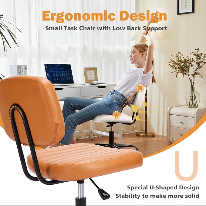 Sweetcrispy Small Office Desk Chair, Armless PU Leather with Comfy Lumbar Support, Height Adjustable Rolling Swivel Task for No Arms, for Adult, Student, Bedroom, Home, Vanity, Brown