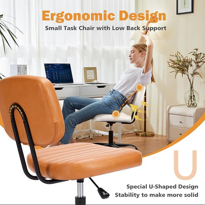 Sweetcrispy Small Office Desk Chair, Armless PU Leather with Comfy Lumbar Support, Height Adjustable Rolling Swivel Task for No Arms, for Adult, Student, Bedroom, Home, Vanity, Brown