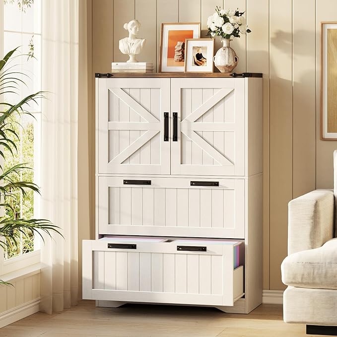 Halitaa 2 Drawer Filing Cabinet, Farmhouse File Cabinet for Home Office with Storage Space, Wood Tall Office Filing Cabinet fits Legal/Letter/A4 Size, Lateral File Cabinets with 2 Doors, Rustic White