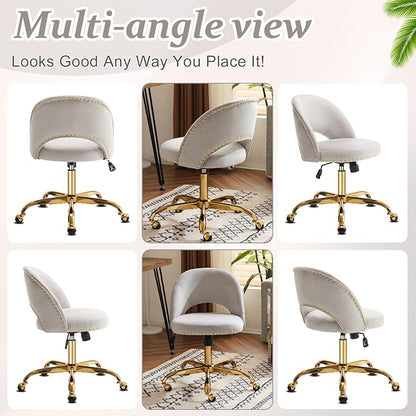 VINGLI Stylish Vanity Chair with Back, Girl Desk Chair with Silent Wheels and Velvet, Grey