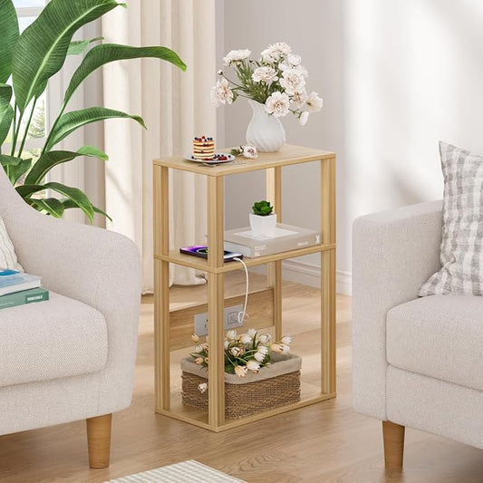 YUFAM 3 Tier Small Narrow Bamboo Side Table Set of 2 with Charging Station - Skinny Nightstand for Small Spaces, Slim Bedside Table with USB Ports and Outlets - Thin End Table with Storage, Natural