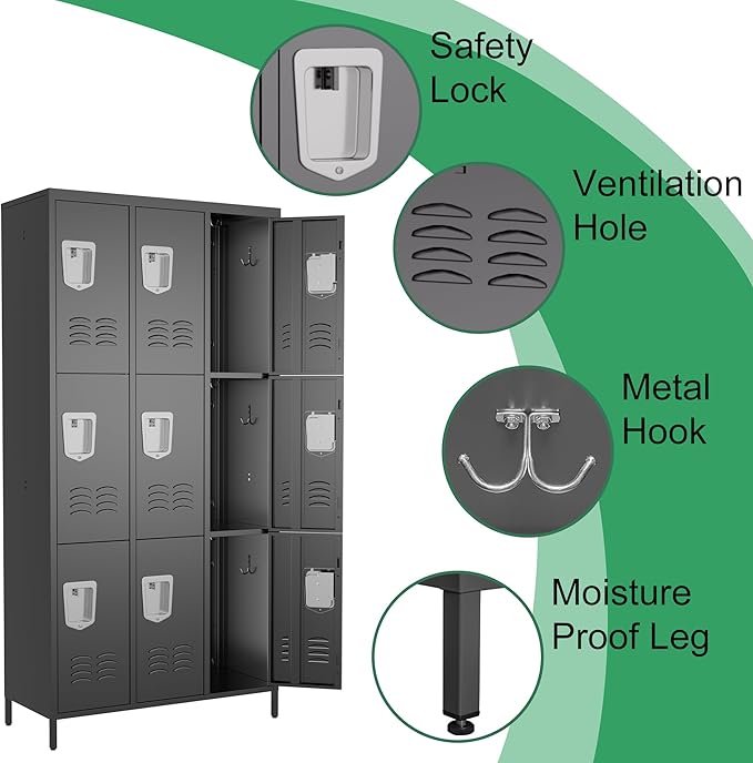 9 Door Metal Lockers for Employees,9 Heavy-Duty Hooks,72" Secure Storage for Home,Offices,Schools & Gyms | Black