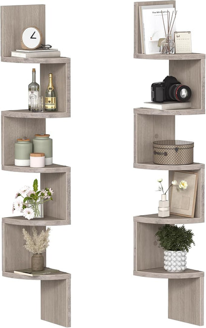 HOOBRO Corner Shelf Wall-Mounted, Set of 2 Floating Corner Shelves for Wall, 5-Tier Corner Bookshelves for Living Room, Bedroom, Bathroom, Home Office, Greige BG26BJP201