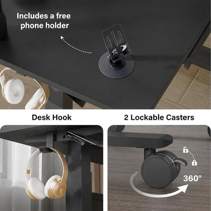Standing Desk for Walking Pad with Wheels, Pneumatic Cordless Height Adjustable Rolling Desk, Mobile Computer Workstation with Drawer Hook Locking Casters for Treadmill & Home Office, Black