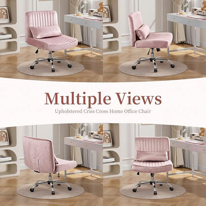 Velvet Criss Cross Chair with Wheels, Luxury Cross Legged Office Chair, Comfy Desk Chair for Home Office, Wide Seat Computer Chair, Armless Vanity Chair, Birthday Gift for Girls & Women, Blush Pink