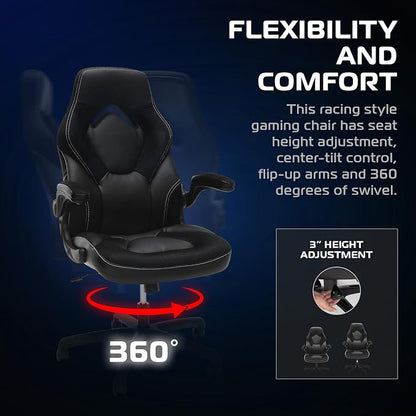 RESPAWN 3085 Ergonomic Gaming Chair for Adults, High Back Office Chair with Headrest and Flip Up Arms, Leather Racing Style Gaming Seat with Lumbar Support, Video Game Computer Desk Seat - Black
