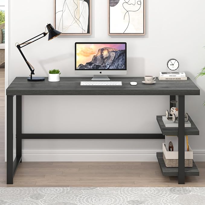 EXCEFUR Industrial Computer Desk, Home Office Desk with Storage Shelves, Wood Study Writing Table for Bedroom, Living Room, Grey, 53 Inch