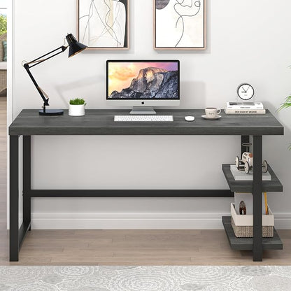 EXCEFUR Industrial Computer Desk, Home Office Desk with Storage Shelves, Wood Study Writing Table for Bedroom, Living Room, Grey, 53 Inch