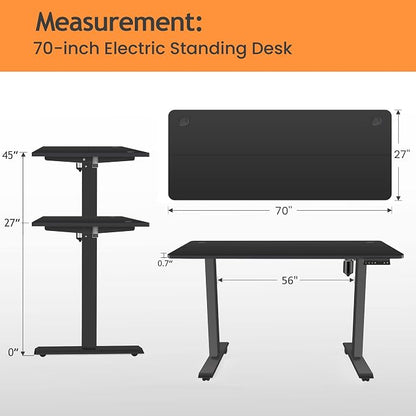 Electric Adjustable Standing Desk, 70'' x 27''Sit Stand Desk with Dual Crossbeam Structure and Oversized Mouse Pad, 27''-45'' Lifting Range Stand up Desk(Black)