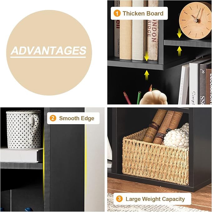 VECELO 42 Inch High Bookcase, 4-Tier Modern Storage Cabinet with Height Difference Shelves for Standard Textbooks, Floor Standing, 7 Cubes, Horizontal Available, Easy Assembly, Vintage Black