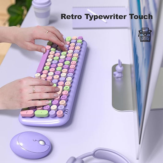 Wireless Keyboard and Mouse Combo, 2.4GHz Wireless Retro Keyboard and Mouse for PC/Laptop/Desktop/Windows (Purple Colorful)