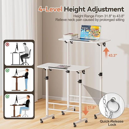 32 Inch Rolling Standing Desk Adjustable Height, Small Mobile Laptop Stand Up Table with Tiltable Tabletop & Lockable Wheel, Portable Workstations for Home Office & Walking Pad Treadmill, White