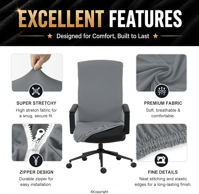 DIVA EN CAMINO DEC Stretch Office Chair Cover with Zipper, Soft Slipcover for Desk, Boss, or High Back Chair, Mid Gray