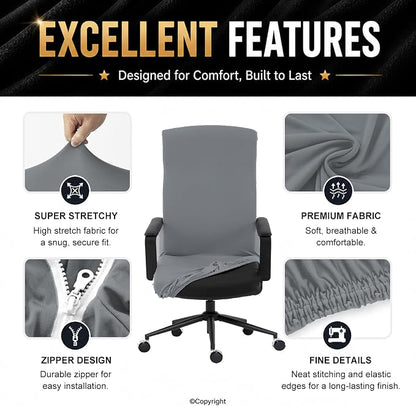 DIVA EN CAMINO DEC Stretch Office Chair Cover with Zipper, Soft Slipcover for Desk, Boss, or High Back Chair, Mid Gray