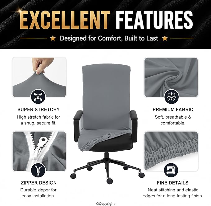 DIVA EN CAMINO DEC Stretchable Office Chair Cover with Durable Zipper, Soft Slipcover for Computer Desk Chair - Mid Gray