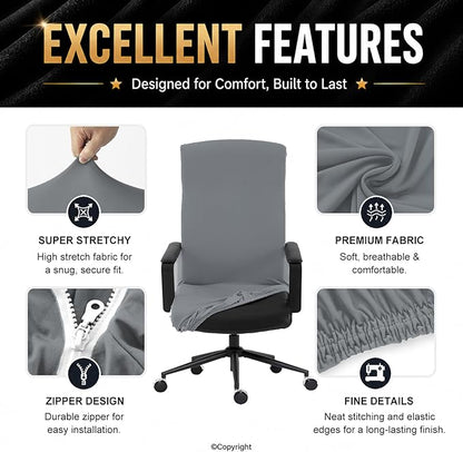 DIVA EN CAMINO DEC Stretchable Office Chair Cover with Durable Zipper, Soft Slipcover for Computer Desk Chair - Mid Gray