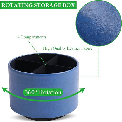 Round Leather Art Supply Organizer,Remote Control Holder,360 Degree Spinning,Multi-Functional Pencil Holder,4 Compartments Desktop Stationary Organizer(1-Oil Blue2)