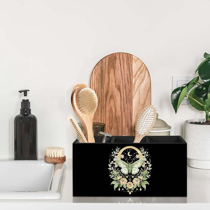 Boho Luna Moth Floral Pen Holder for Desk, Dark Cottagecore Celestial Pencil Organizer, Mystical Botanical Floral Moth Insect Wooden Pen Holder Desk Accessories Decor for Home Office