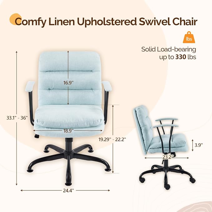 VINGLI Comfortable Office Desk Chairs with/No Wheels,Dual-Base,Removable Armrests,Adjustable Comfy Rolling Swivel Computer Task Nail Chair for Office,Sewing,Makeup Vanity,Teen,Linen Fabric,Mint Green