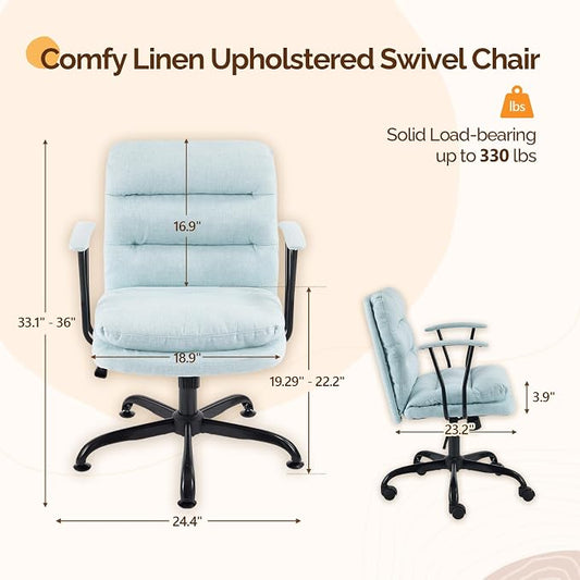 VINGLI Comfortable Office Desk Chairs with/No Wheels,Dual-Base,Removable Armrests,Adjustable Comfy Rolling Swivel Computer Task Nail Chair for Office,Sewing,Makeup Vanity,Teen,Linen Fabric,Mint Green