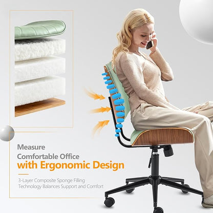 VINGLI Wide Curved Seat&Back Armless Home Office Chair,Ergoromic Adjustable-Height Desk Chair,Swivel&Tilting Function,Stylish Walnut Task Chair for Meeing Room,Dining Room,PU,Olive Green
