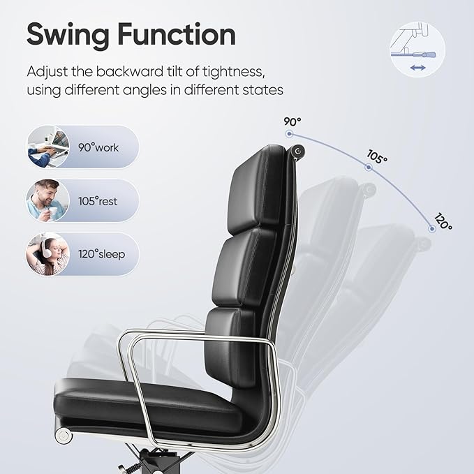 High-Back Executive Genuine Leather Office Chair, with Aluminum Arms and 5-Star Base, Modern Rolling Desk Chair with Silent Wheels, Lumbar Support, High-Adjustable, Tilting for Home & Office