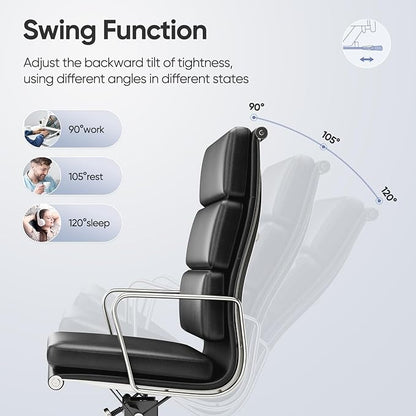 High-Back Executive Genuine Leather Office Chair, with Aluminum Arms and 5-Star Base, Modern Rolling Desk Chair with Silent Wheels, Lumbar Support, High-Adjustable, Tilting for Home & Office