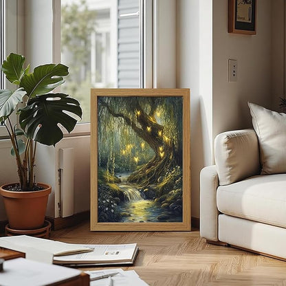 CXQILVER Vintage Enchanted Forest Framed Canvas Wall Art, Mystical Willow Tree and Glowing Butterflies Landscape Painting, Dark Cottagecore Nature Wall Decor for Bedroom Living Room Bathroom 16x24in