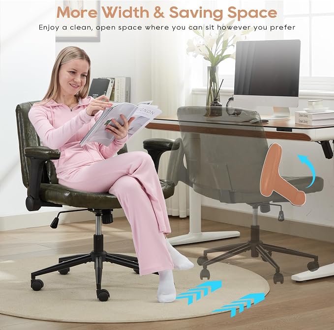 IPKIG Criss Cross Chair with Adjustable Flip-up Arms, Vanity Chair with Wheels, Comfy Desk Chair with Lumbar Pillow Swivel Wide Office Chair for Home Office, Bedroom (PU Leather, Green)