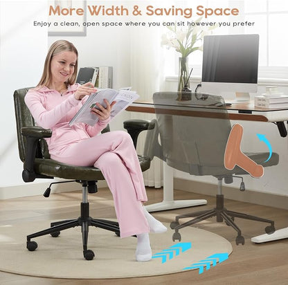 IPKIG Criss Cross Chair with Adjustable Flip-up Arms, Vanity Chair with Wheels, Comfy Desk Chair with Lumbar Pillow Swivel Wide Office Chair for Home Office, Bedroom (PU Leather, Green)