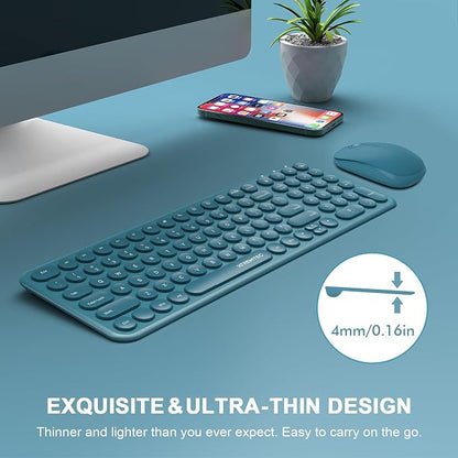Wireless Keyboard and Mouse Combo,XTREMTEC 2.4GHz Quiet Slim Cute Round Keycap Compact Size Blue Kawaii Cordless Retro Keyboard Mouse Set Home Office Accessories for Mac/Windows (Blue)