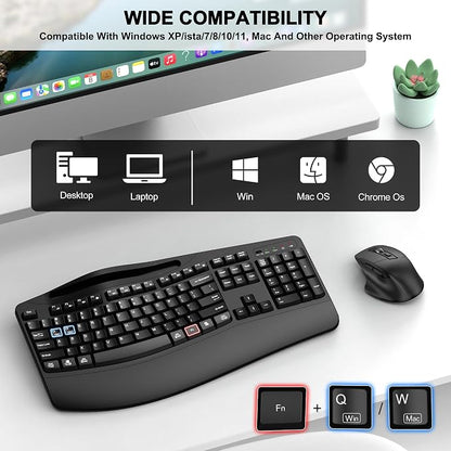 Wireless Keyboard and Mouse Combo, 2.4G Full Size Wave Keys Ergonomic Keyboard with Wrist Rest, Phone Holder, 3-Level DPI Adjustable Wireless Ergonomic Mouse for Windows, Mac Desktop/Laptop/PC(Black)