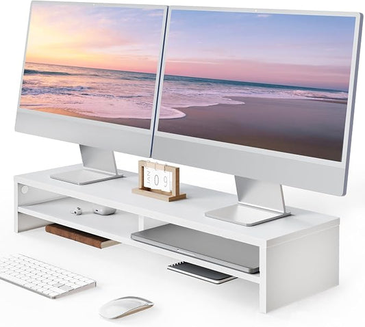 Fenge Monitor Stand, 31.5 Inch Computer Monitor Riser for Desk, 2 Tiers Wood Desk Shelf with Storage, Desktop Organizer for PC, Laptop, Screen, Printer