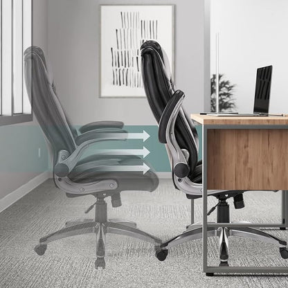 COLAMY Leather Executive Office Chair Set of 2 - High Back Ergonomic Home Computer Desk Chair with Padded Flip-up Arms, Adjustable Tilt Lock, Swivel Rolling Chair for Adult Working Study, Black