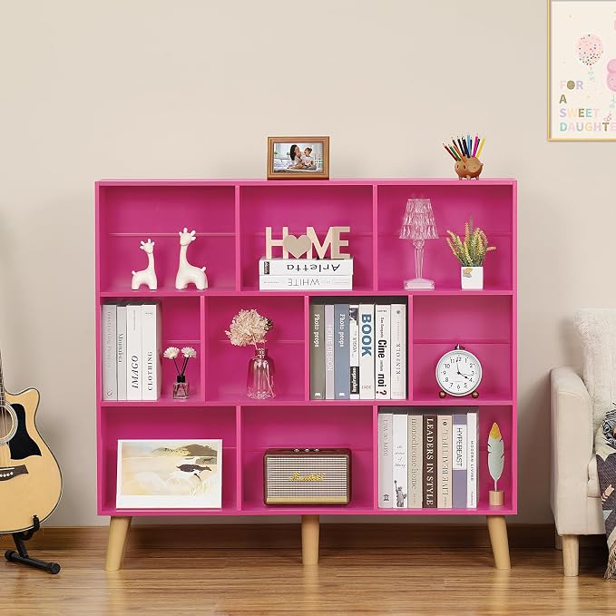 LEYAOYAO 10 Cube Bookshelf,3 Tier Modern Wide Bookcase with Legs,Mid-Century Wood Bookshelves Storage,Pink Large Book Case,Freestanding Organizer Display Shelf for Bedroom,Living Room,Office