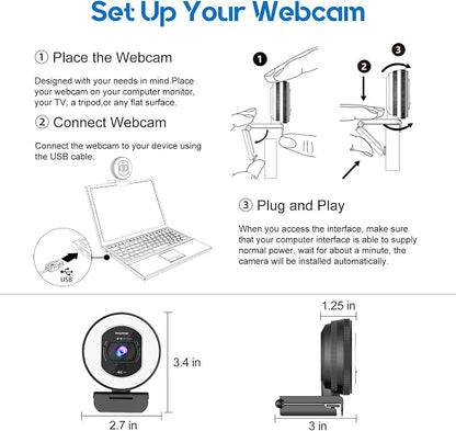 4K Webcam with Ring Light Web Cam 4K Autofocus with TOF Computer Camera 1080P 60FPS Web Camera Built-in Privacy Cover and Microphone Streaming Webcams for Zoom/Skype/Google Meet