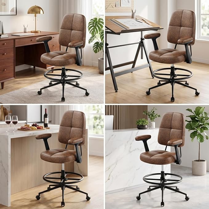 Marsail Drafting Chair with Flip-Up Armrests and Footrest, Ergonomic Tall Office Chair, Height Adjustable High Chair, Brown Leather Seat with Thick Cushion, 360° Swivel, Pack of 4