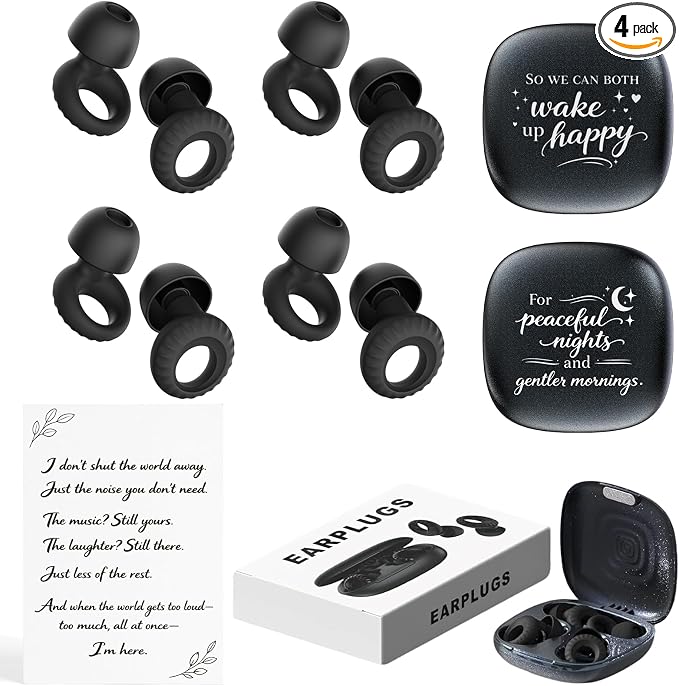 Noise Cancelling Ear Plugs for Sleeping, Concerts, Travel & Couples – Reusable Silicone Earplugs for Noise Reduction & Hearing Protection – 4 Pairs, Black + Black