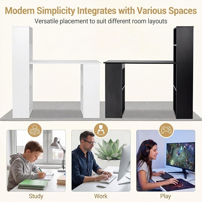 Tangkula White Computer Desk with Bookshelf, Writing Study Desk with Storage Shelves & CPU Stand, Modern Compact Computer Workstation for Home & Office, Space-Saving Design