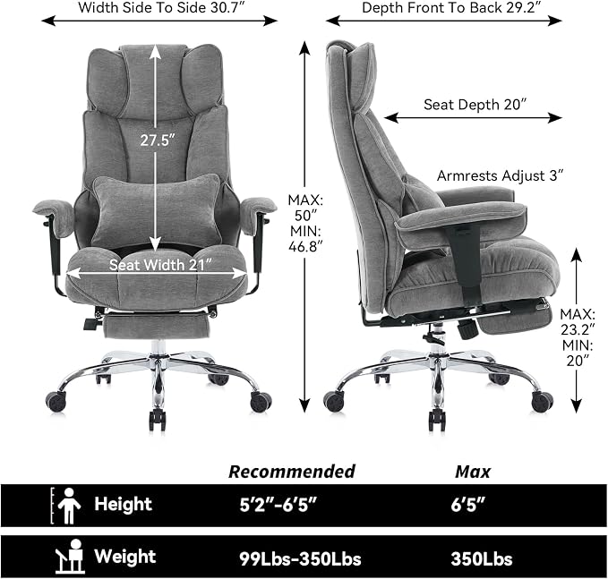 Efomao Executive Office Chair 400lbs, Grey Fabric Big and Tall Desk Chair | Breathable fabric, pocket spring & foam seat, retractable footrest, 135° recline for computer gaming setup
