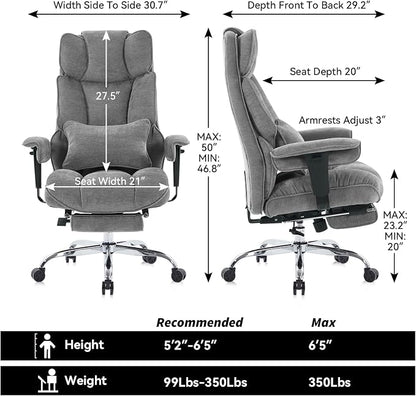 Efomao Executive Office Chair 400lbs, Grey Fabric Big and Tall Desk Chair | Breathable fabric, pocket spring & foam seat, retractable footrest, 135° recline for computer gaming setup
