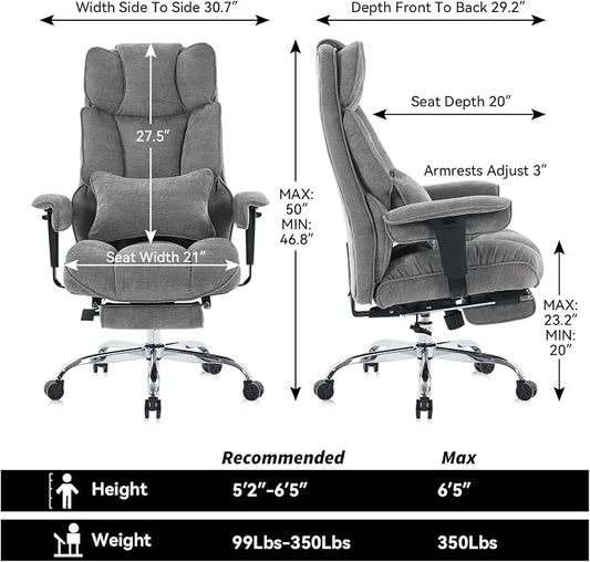 Efomao Executive Office Chair 400lbs, Grey Fabric Big and Tall Desk Chair | Breathable fabric, pocket spring & foam seat, retractable footrest, 135° recline for computer gaming setup
