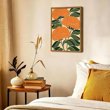 Framed Boho Floral Wall Art, Vintage Orange Flower Canvas Wall Decor Pictures, Mid Century Modern Abstract Botanical Paintings Prints Maximalist Home Decor for living Room Bedroom Office 16x24 inch