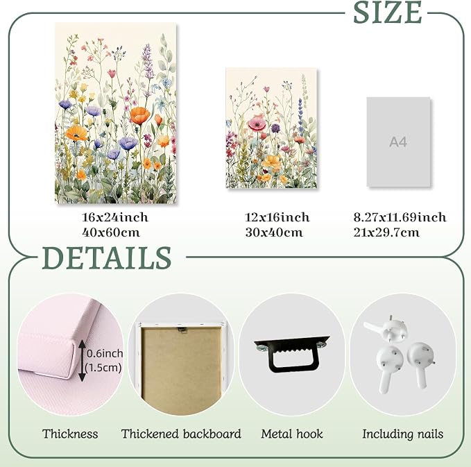 LLEEMPI Framed Watercolor Floral Wall Art Set of 3, Colorful Wildflower Wall Decor, Modern Abstract Botanical Canvas Painting, Rustic Farmhouse Poster Print for Bedroom Bathroom Office 16x24 Inch