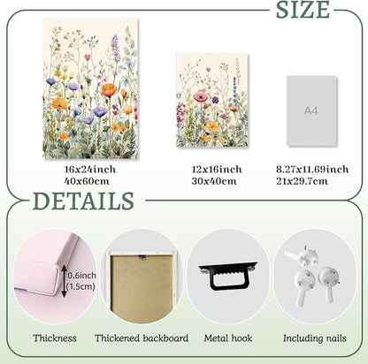 LLEEMPI Framed Watercolor Floral Wall Art Set of 3, Colorful Wildflower Wall Decor, Modern Abstract Botanical Canvas Painting, Rustic Farmhouse Poster Print for Bedroom Bathroom Office 12x16 Inch