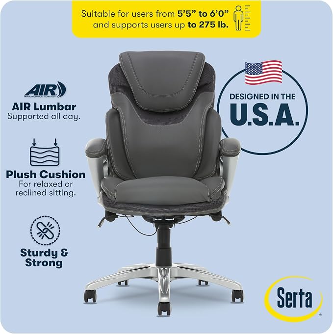 Serta Bryce Executive Office Chair - Ergonomic Computer Desk Chair with Patented AIR Lumbar Technology - Adjustable Height - Memory Foam Body Pillows - 360° Swivel Rolling Base - Bonded Leather - Gray